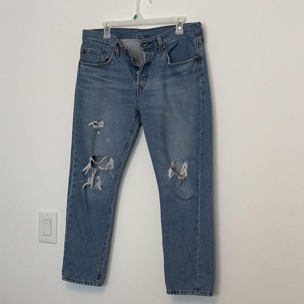Vintage Levi's 501 T Tapered Distressed Men's Jeans Blue Medium Wash Denim